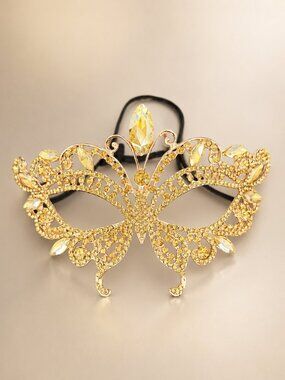Gold Butterfly Masquerade Mask, Yellow Crystal Eye Mask for Mardi Gras